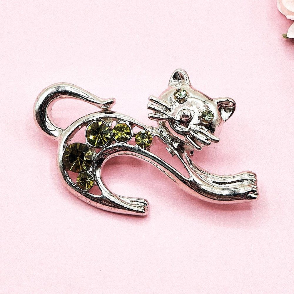 Vintage Brooch Pin, Silvertone Cat w/Green Rhinestones, Unique Cat Lovers Gift